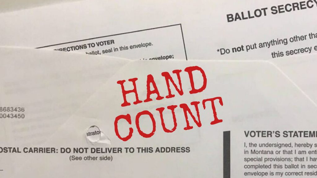 Simulated "HAND COUNT" stamp for Montana ballot affirmation envelopes