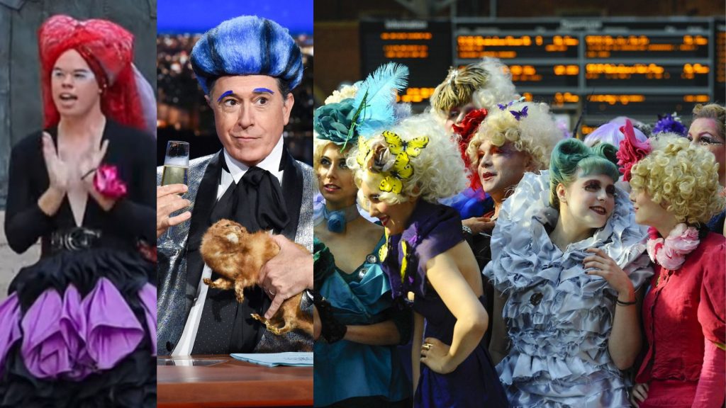 Recently fired Biden-appointed Department of Energy bureaucrat, Sam Brinton (left); Stephen Colbert dressed as Caesar Flickerman, Capitol Show Host from The Hunger Games (center); Capitol Citizens from The Hunger Games awaiting next amusement (right).