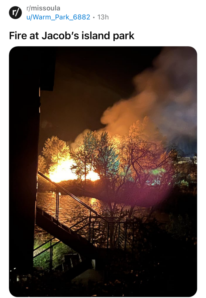 Photo shared on Reddit of recent of fire that took place on Jacob's Island Bark Park.