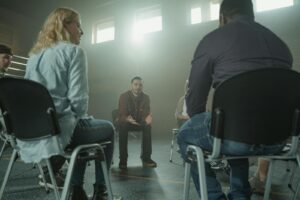 A diverse group of adults in a supportive discussion setting indoors with sunrays.