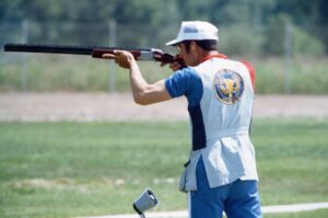 Walter Zobell, from Jackson, Montana, and a Montana State University graduate, practices for the shooting competition at the 1984 Summer Olympics.