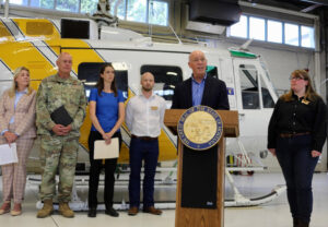 Gov. Gianforte speaking during the 2025 Fire Briefing at the DNRC Hangar in Helena