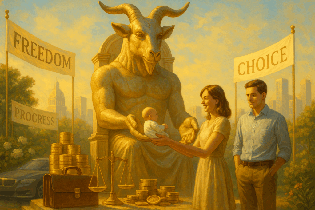 A young man and woman trade in their child for "freedom" and "choice" and wealth and power.