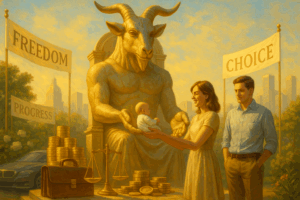 A young man and woman trade in their child for "freedom" and "choice" and wealth and power.