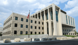 Modern Courthouse Exterior with American Flag