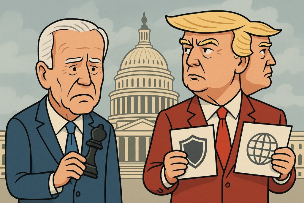 Illustration of half-witted Biden clutching a game piece beside a Janus-faced Trump holding two conflicting agendas, set against the Capitol dome backdrop. (ChatGPT)