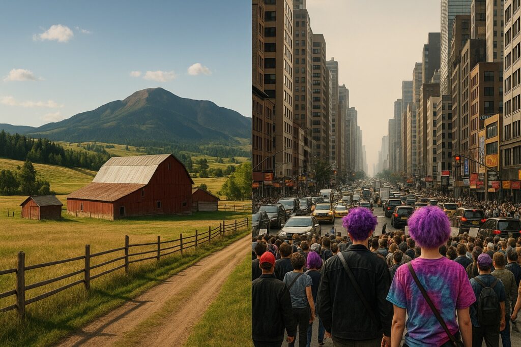 A visual contrast between rural Montana serenity and urban congestion, highlighting cultural and lifestyle divides. (Image generated by ChatGPT)