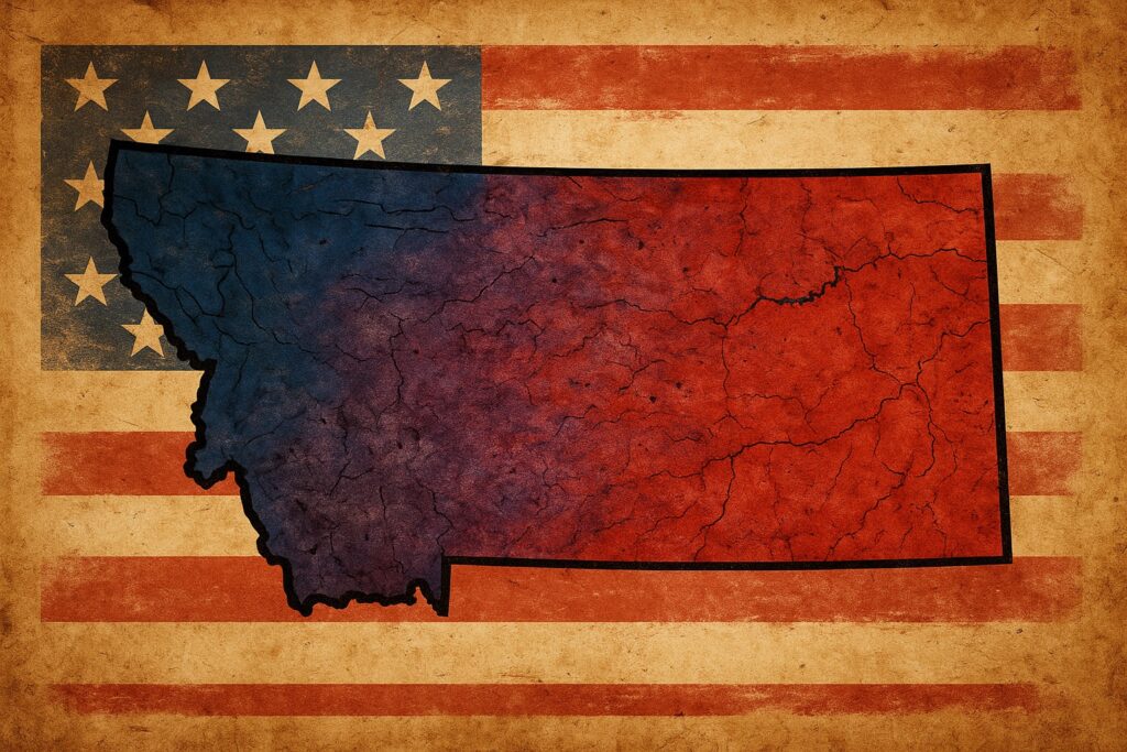 A weathered map of Montana bleeds red and blue over a faded American flag, symbolizing the state’s turbulent political identity—part frontier independence, part populist rebellion.