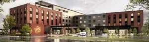 Modern Boutique Hotel Exterior with Red Brick Facade