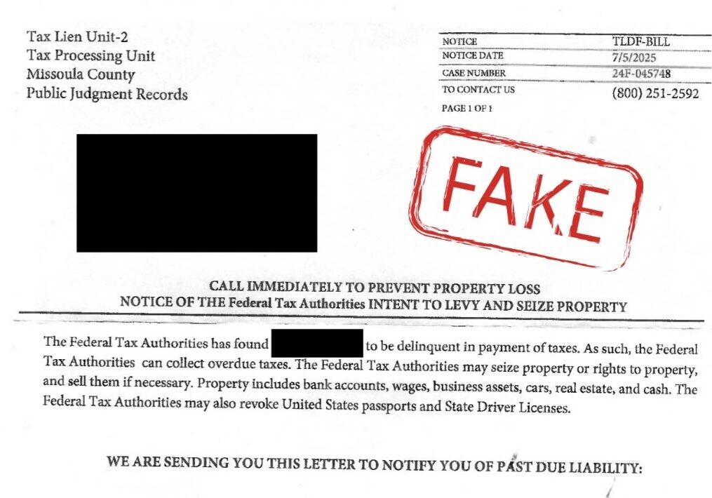 Fake Federal Tax Lien Notice Example