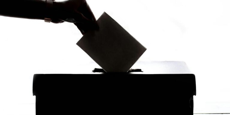 Silhouette of a hand placing a vote into a ballot box, symbolizing democracy.