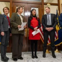 Secretary of State Christi Jacobsen surrounded by staff and Montana Legislators including State Senator Theresa Manzella. Secretary of State Christi Jacobsen surrounded by staff and Montana Legislators including State Senator Theresa Manzella. February 13th, 2025. Photo provided by Montana Secretary of State Media Center.