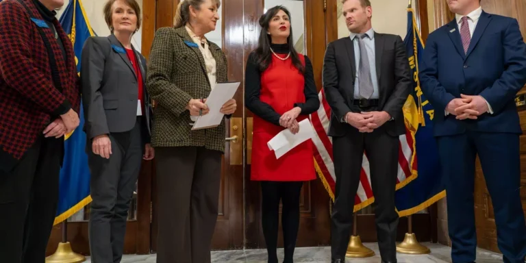 Secretary of State Christi Jacobsen surrounded by staff and Montana Legislators including State Senator Theresa Manzella. February 13th, 2025. Photo provided by Montana Secretary of State Media Center.