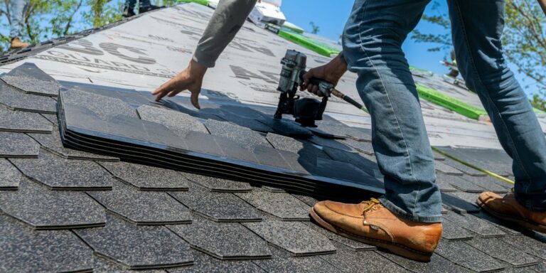 Roofer using nail gun for shingle installation on residential roof.