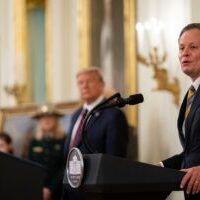 President Donald J. Trump listens as Senator Steve Daines, R-Mont., delivers remarks President Donald J. Trump listens as Senator Steve Daines, R-Mont., delivers remarks
