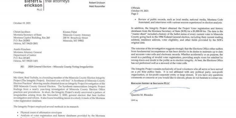 Re: 2020 General Election - Missoula County Voting Irregularities. Missoula County Election Integrity Project. October 19, 2021.