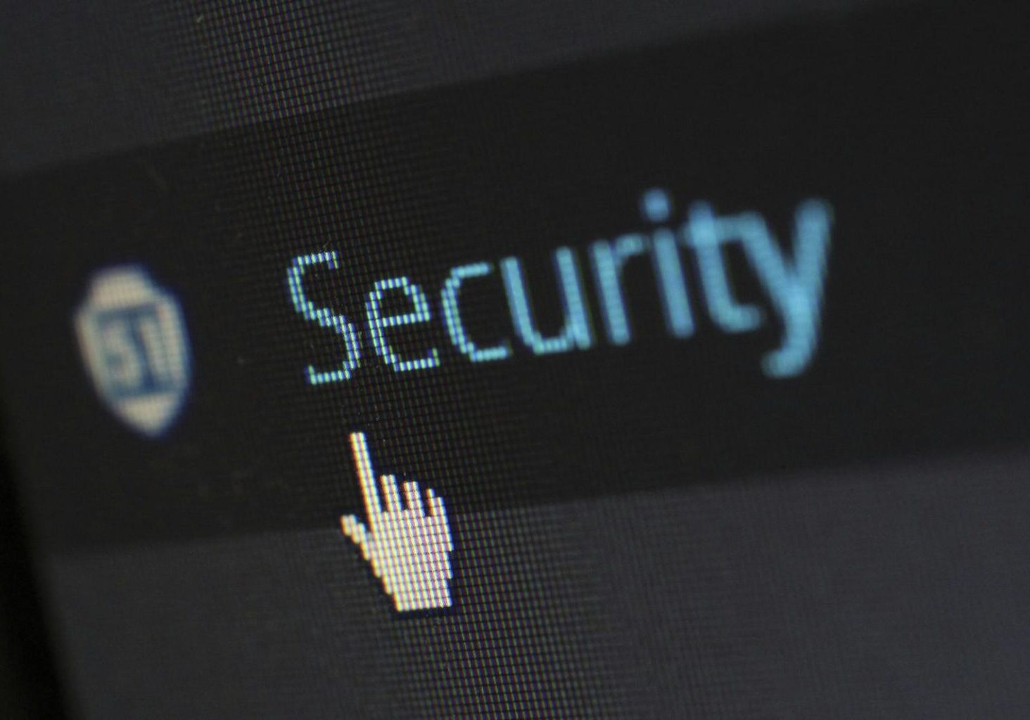 Close-up view of a mouse cursor over digital security text on display.