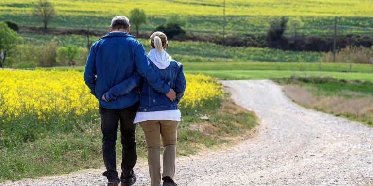 walk, couple, flower wallpaper, flower background, path, rural, man and woman, together, exercise, health, love, romance, romantic, relax, nature, landscape, meadows, field, beautiful flowers, spring, flowers, yellow flowers
