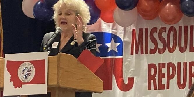 County GOP Chair Vondene Kopetski speaks at Missoula County Republican event hosting Ryan Zinke. October 23, 2021.