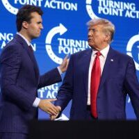 Charlie Kirk and President Donald Trump speaking with attendees at the 2023 Turning Point Action Conference at the Palm Beach County Convention Center in West Palm Beach, Florida. (Gage Skidmore)
