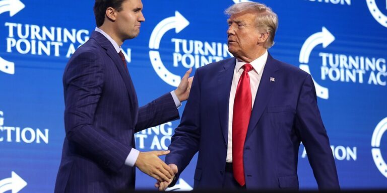 Charlie Kirk and President Donald Trump speaking with attendees at the 2023 Turning Point Action Conference at the Palm Beach County Convention Center in West Palm Beach, Florida. (Gage Skidmore)