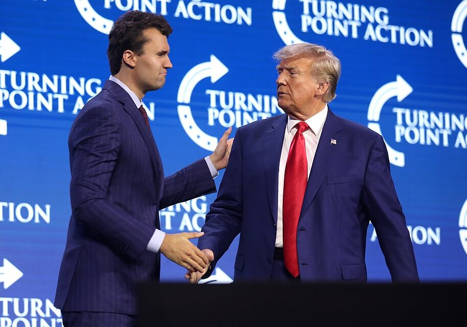 Charlie_Kirk_&_Donald_Trump_(53067467229) Charlie Kirk and President Donald Trump speaking with attendees at the 2023 Turning Point Action Conference at the Palm Beach County Convention Center in West Palm Beach, Florida. (Gage Skidmore)