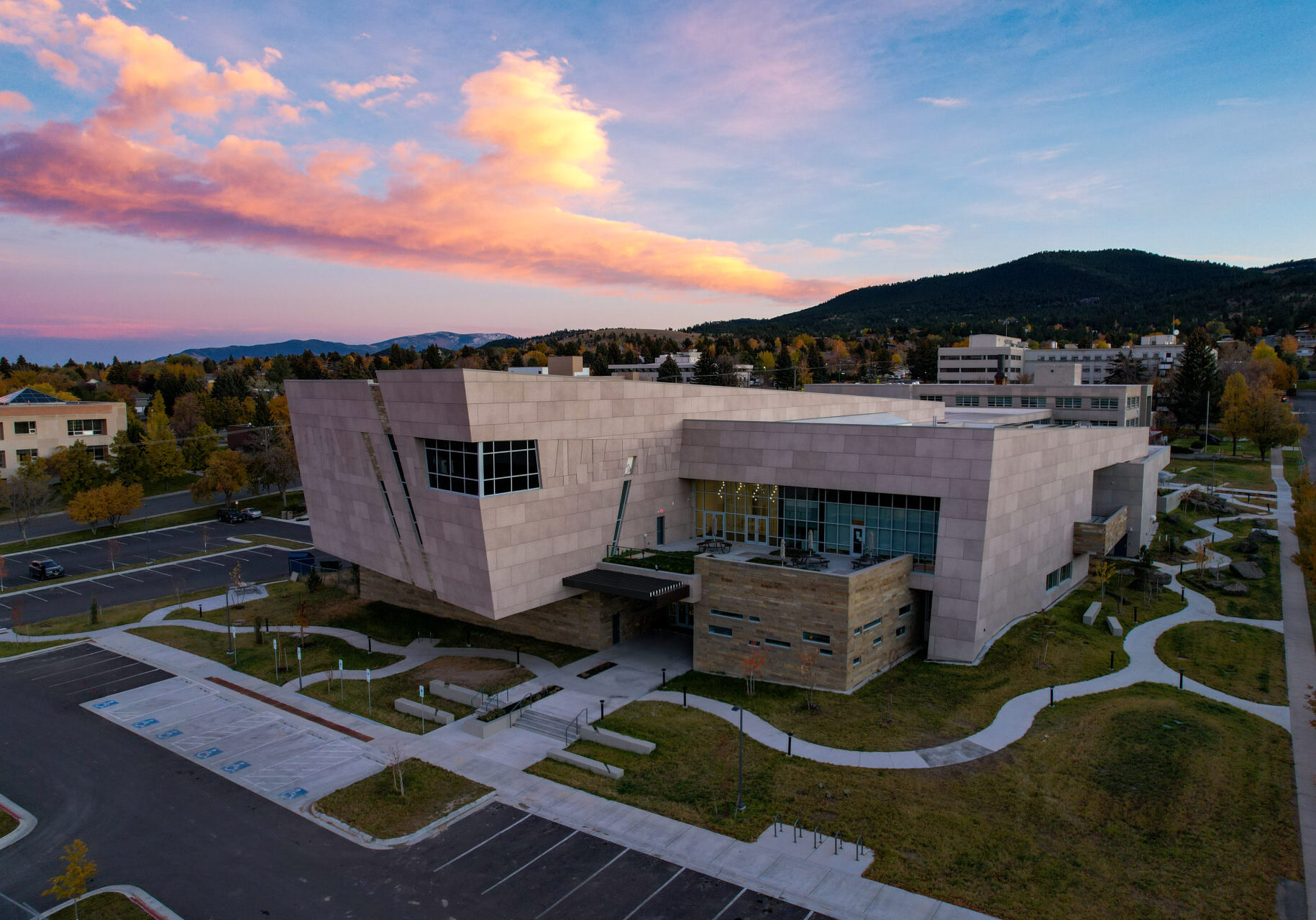 Sunset Drone View of a Modern Campus Center
