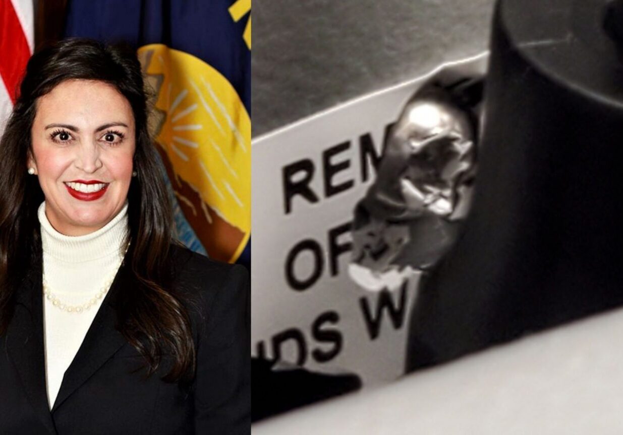 Montana Secretary of State Christi Jacobsen (left). Broken warranty seal on Carbon County ES&S DS200 tabulation machine (right).