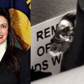 Montana Secretary of State Christi Jacobsen (left). Broken warranty seal on Carbon County ES&S DS200 tabulation machine (right). Montana Secretary of State Christi Jacobsen (left). Broken warranty seal on Carbon County ES&S DS200 tabulation machine (right).