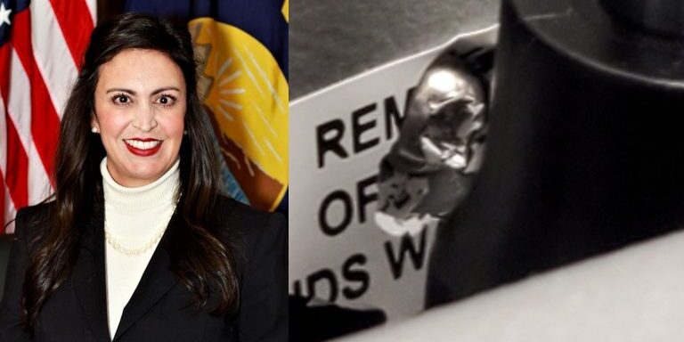 Montana Secretary of State Christi Jacobsen (left). Broken warranty seal on Carbon County ES&S DS200 tabulation machine (right).