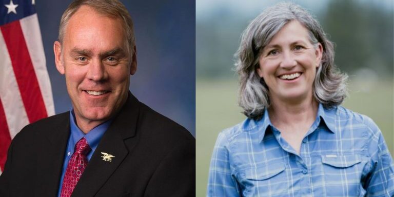 US House candidates for Montana's 1st Congressional District Ryan Zinke (R) (left) and Monica Tranel (D) (right)