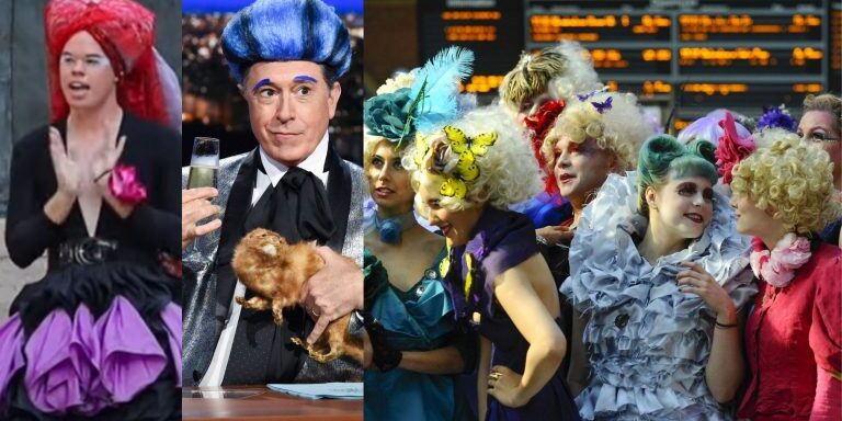 Recently fired Biden-appointed Department of Energy bureaucrat, Sam Brinton (left); Stephen Colbert dressed as Caesar Flickerman, Capitol Show Host from The Hunger Games (center); Capitol Citizens from The Hunger Games awaiting next amusement (right).