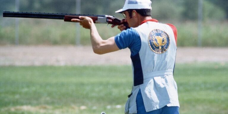 Walter Zobell, from Jackson, Montana, and a Montana State University graduate, practices for the shooting competition at the 1984 Summer Olympics.