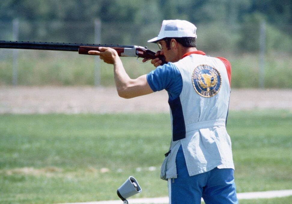 Walter Zobell, from Jackson, Montana, and a Montana State University graduate, practices for the shooting competition at the 1984 Summer Olympics.