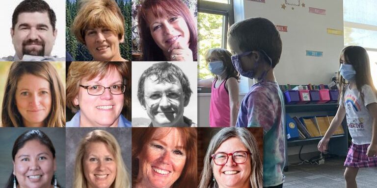 Board of Trustees supporting masks and vaccines (starting from top left) Jeffrey Avgeris, Arlene Walker-Andrews, Vicki McDonald, Nancy Hobbins, Diane Lorenzen,  Koan Mercer, Wilena Old Person, Jennifer Vogel, Ann Wake, Grace Decker.