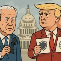 Illustration of half-witted Biden clutching a game piece beside a Janus-faced Trump holding two conflicting agendas, set against the Capitol dome backdrop. (ChatGPT)