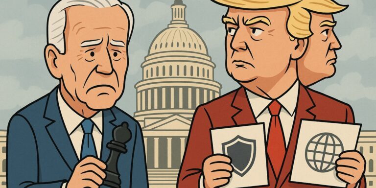 Illustration of half-witted Biden clutching a game piece beside a Janus-faced Trump holding two conflicting agendas, set against the Capitol dome backdrop. (ChatGPT)