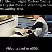 Carbon County Elections Administrator Crystal Roascio shredding what appear to be ballots on election night, November 2022. Carbon County Elections Administrator Crystal Roascio shredding what appear to be ballots on election night, November 2022.