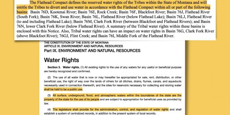 Montana Water Court June 2022 preliminary water compact decree (top). Montana Constitution, Article IX Section 3 (bottom).