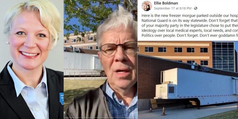 Montana Senator Ellie Boldman Hill (left), former Lt. Governor Mike Cooney (center), Boldman's Facebook post (right) spreads misinformation about mobile "freezer morgue"