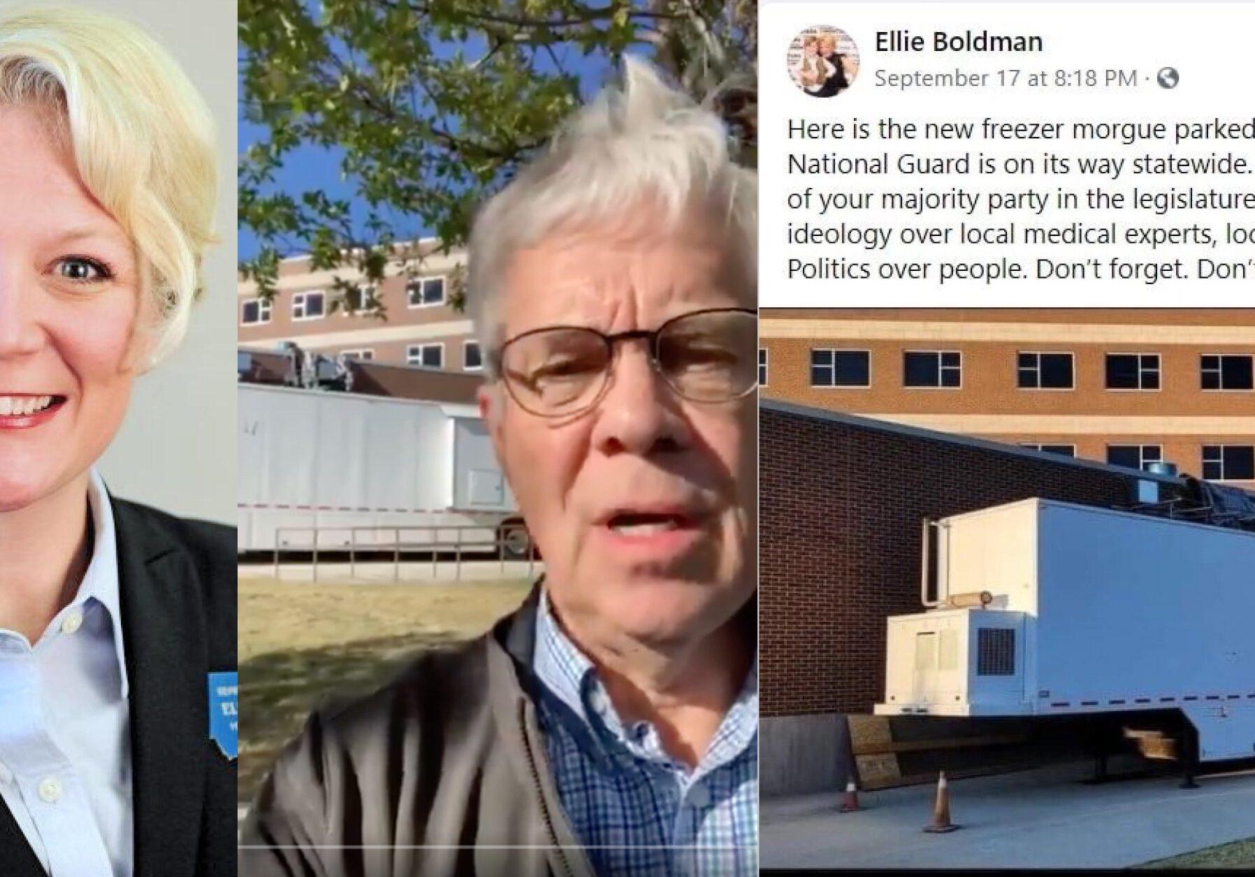 Montana Senator Ellie Boldman Hill (left), former Lt. Governor Mike Cooney (center), Boldman's Facebook post (right) spreads misinformation about mobile "freezer morgue"