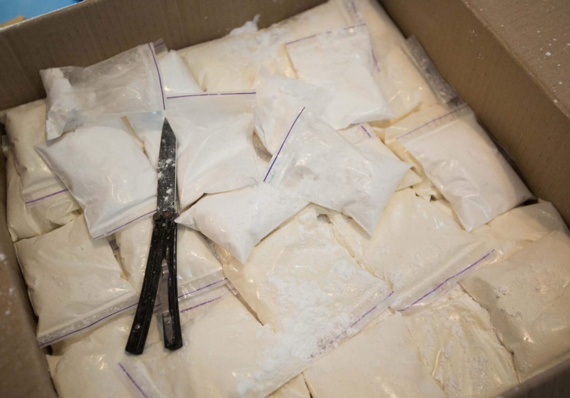 Plastic bags with cocaine are in a cardboard package box