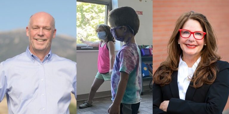Governor Greg Gianforte (left), Missoula County Public School students (center), Superintendent of Public Instruction Elsie Arntzen (right).