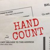 Simulated "HAND COUNT" stamp for Montana ballot affirmation envelopes Simulated "HAND COUNT" stamp for Montana ballot affirmation envelopes