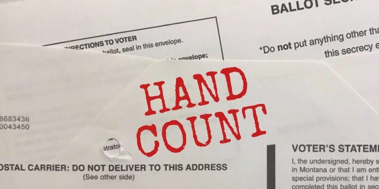 Simulated "HAND COUNT" stamp for Montana ballot affirmation envelopes