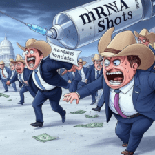 Montana Legislators run from syringe Montana lawmakers hightail it away from the fight against COVID-era mandates and mRNA shots. Political cartoon by Grok for Western Montana News.