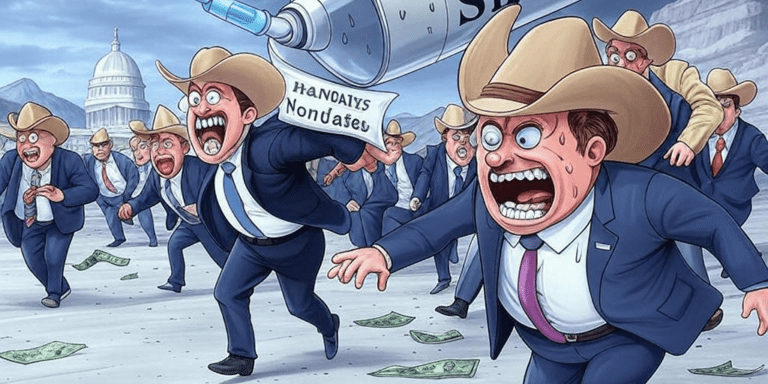 Montana lawmakers hightail it away from the fight against COVID-era mandates and mRNA shots. Political cartoon by Grok for Western Montana News.