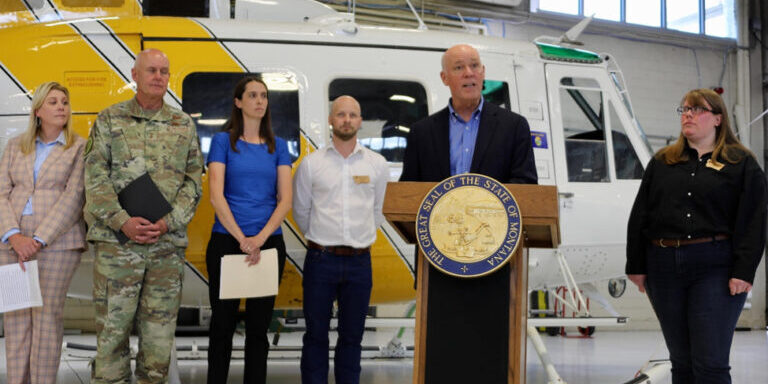 Gov. Gianforte speaking during the 2025 Fire Briefing at the DNRC Hangar in Helena