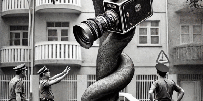 A tentacle grows from the belly of a local police officer with a Hollywood camera at the end of it.