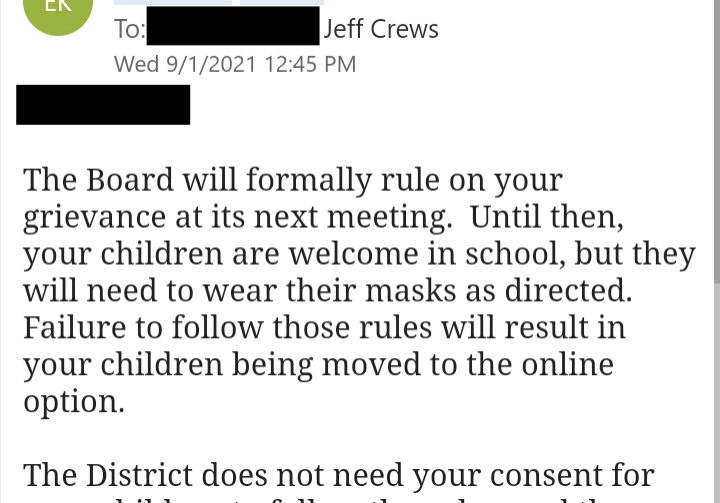 Missoula County Public Schools attorney Elizabeth Kaleva message to parents. September 1, 2021.